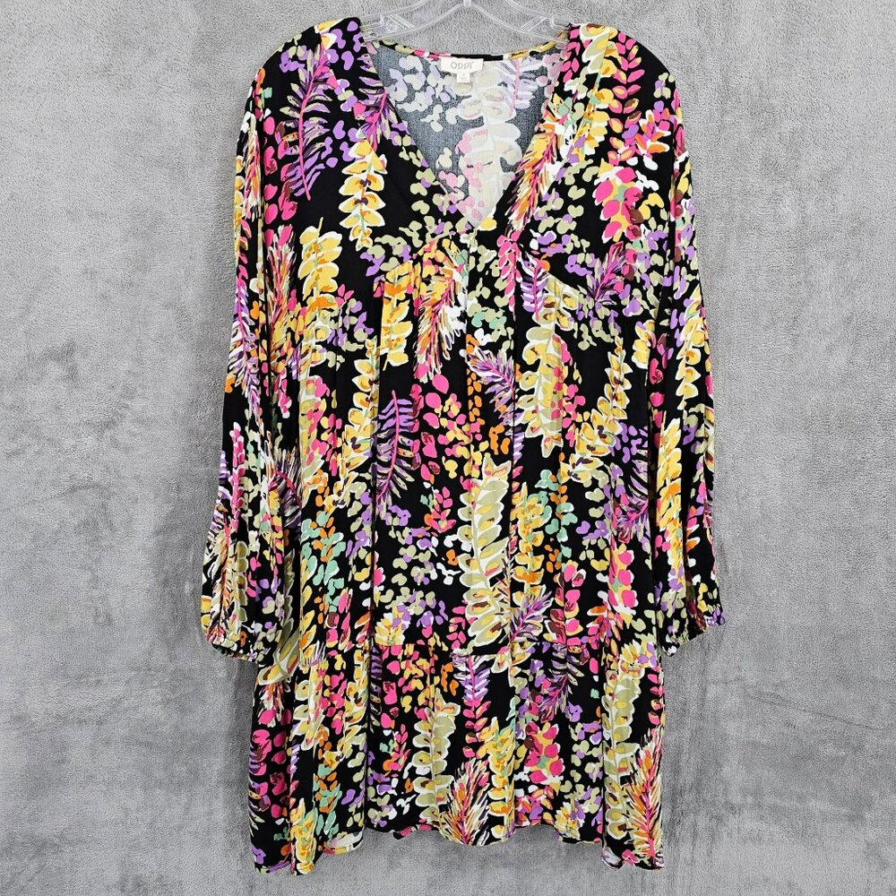Oddi Mini Dress S Black Colorful Floral Leaf Long Puff Sleeve V Neck Tiered Boho